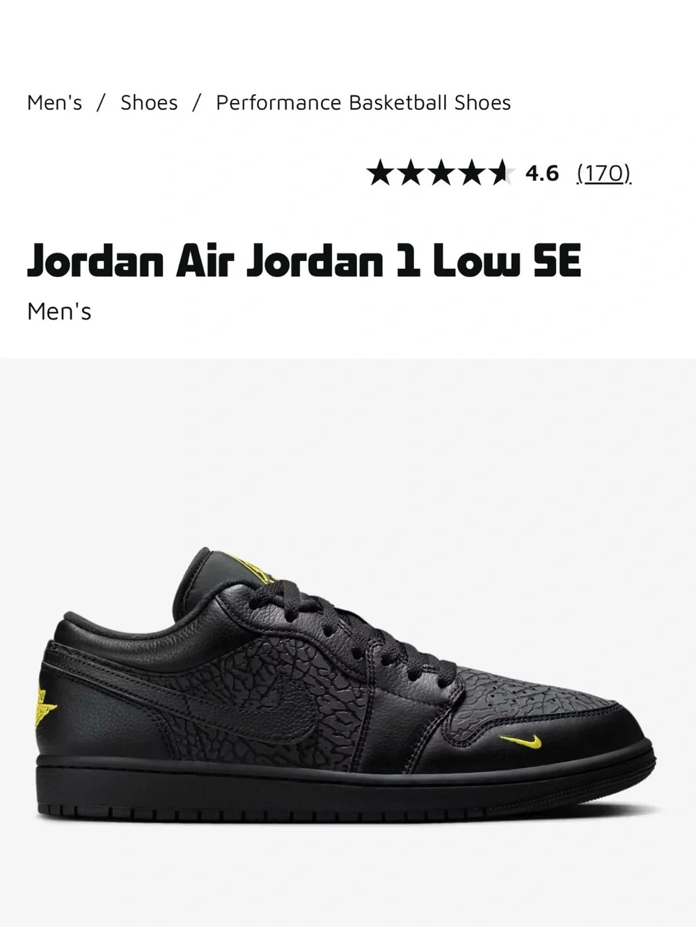 LIKE NEW Nike Air Jordan 1 Low SE Men's Sneakers, SZ 10.5 - Black/Yellow Accent